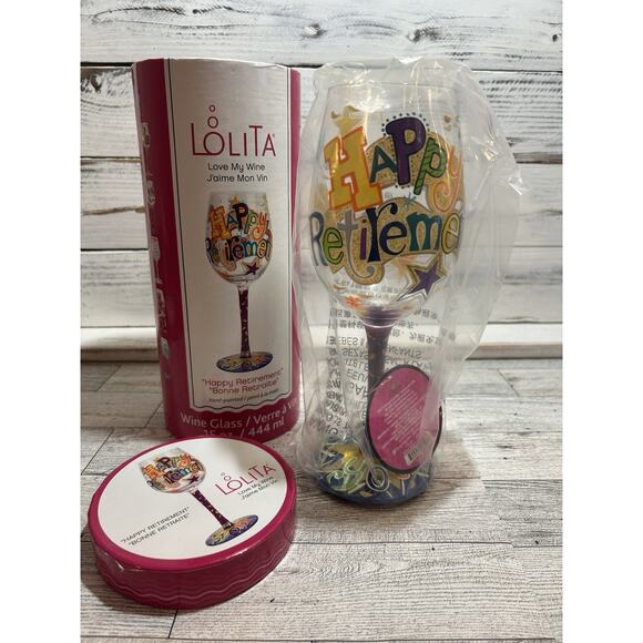 Lolita Love My Wine Happy Retirement Hand Painted Wine Glass New In Box - Picture 1 of 5